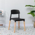 Black Plastic Chair with Wooden Legs for Dining Room