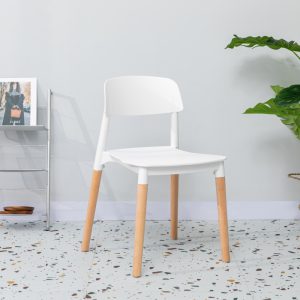 White Plastic Chair with Wooden Legs for Dining Room