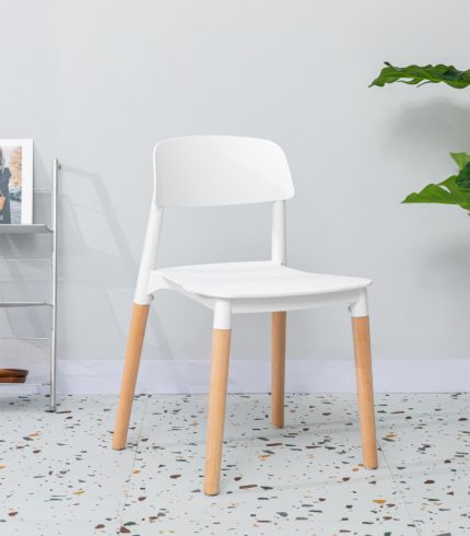 White Plastic Chair with Wooden Legs for Dining Room