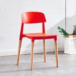 Red Plastic Chair with Wooden Legs for Dining Room