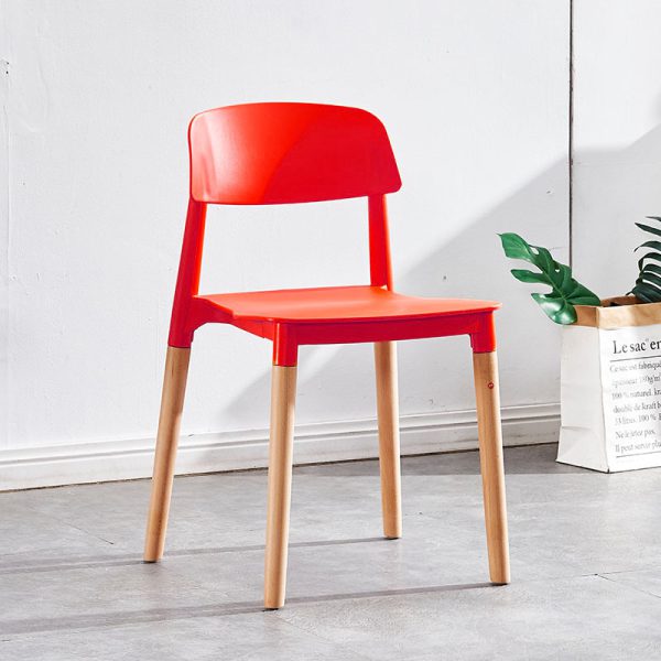 Red Plastic Chair with Wooden Legs for Dining Room
