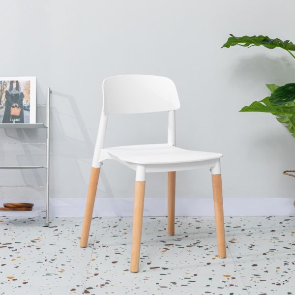 White Plastic Chair with Wooden Legs for Dining Room